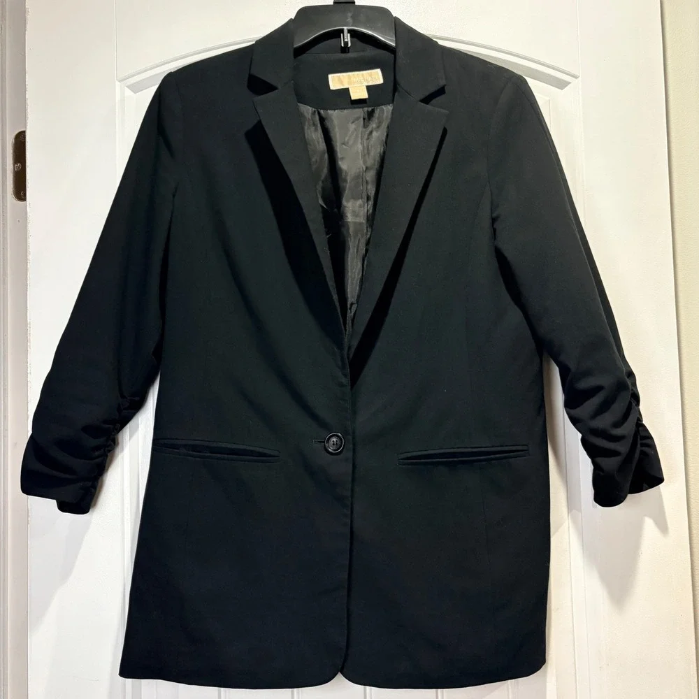 Michael Kors Blazer Women 6 Black Ruched 3/4 Sleeve Single Button Professional